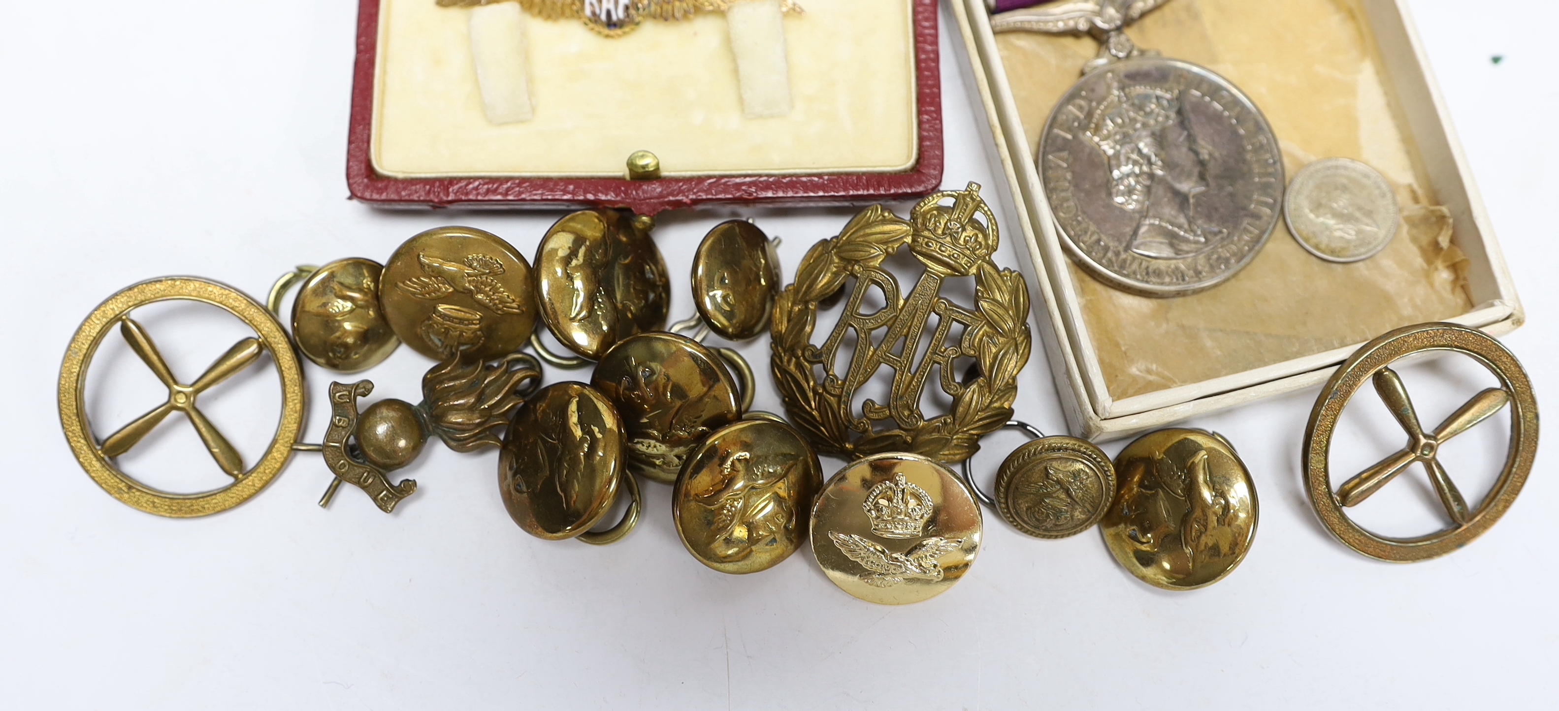 A 9ct. enamelled RAF Sweetheart brooch, an Elizabeth II General Service medal with Malaya bar to Cpl. A.J.L. Fuller R.A.F., a number of buttons and related sundries